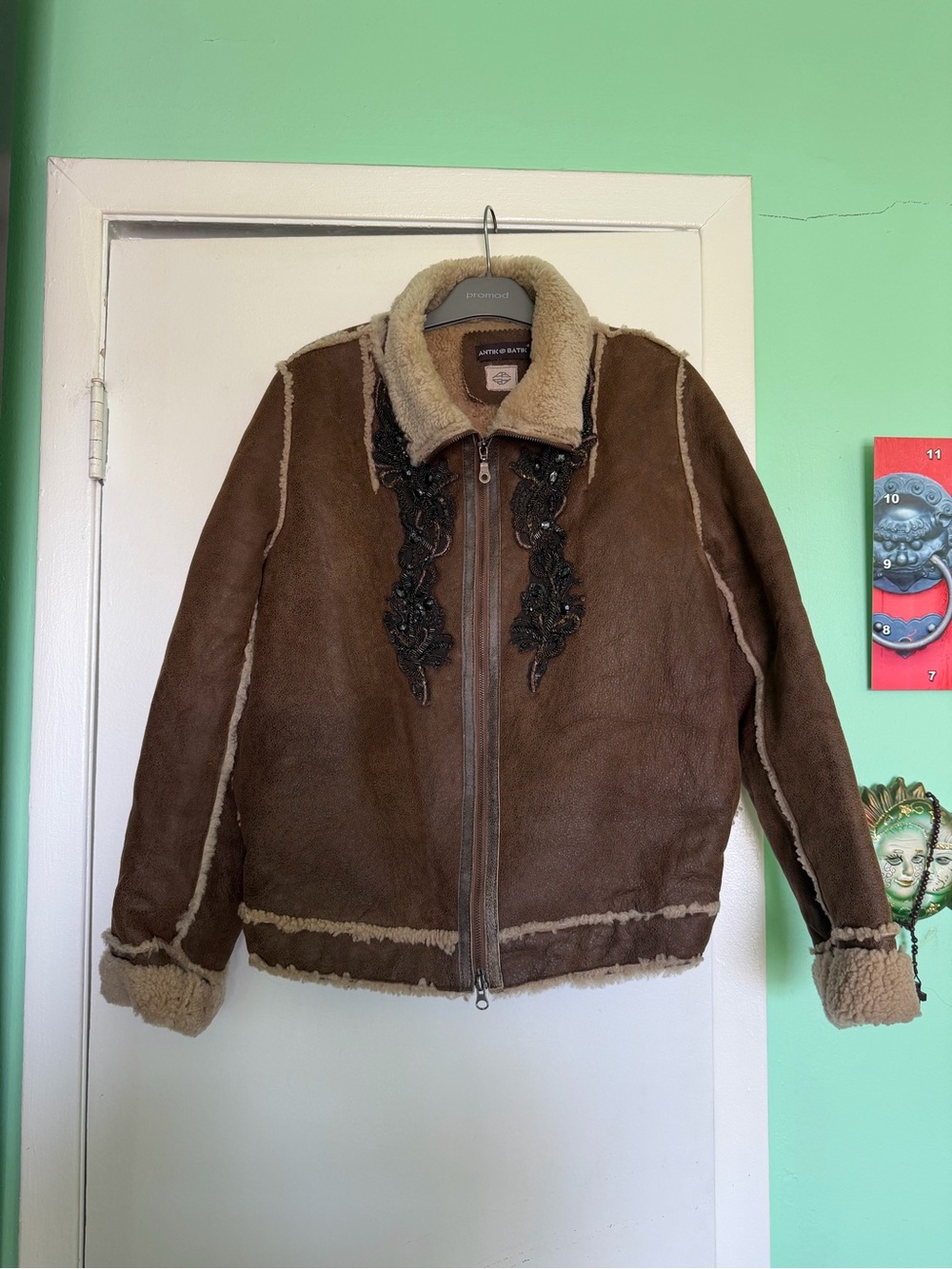 Antik Batik Brown Shearling Bomber Jacket with Black Embellishment